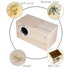 PINVNBY parakeet nesting box interior with bedding, cozy nesting space.