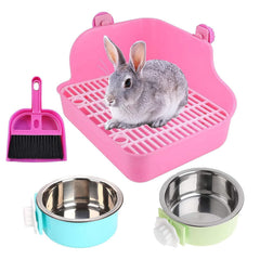 PINVNBY rabbit litter box in pink installed in a corner of a cage for tidy potty area