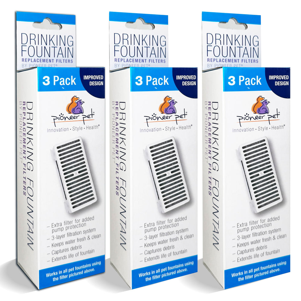 Pioneer Pet three-pack T-shaped filter close-up capturing debris for cleaner water