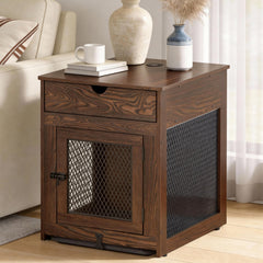 Piskyet dog crate end table front view, rustic finish, hidden storage.
