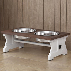 Piskyet elevated dog bowls on wooden stand support ergonomic mealtime for pets.