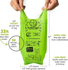 PLANET POOP 20-micron thick leakproof bags keep waste secure during transport.