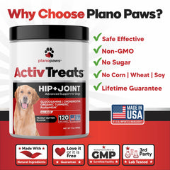 Plano Paws ActivTreats ingredients chart shows glucosamine chondroitin MSM turmeric