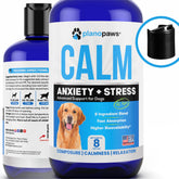Planopaws dog anxiety liquid drops bottle showing hemp oil benefits for stressed dogs