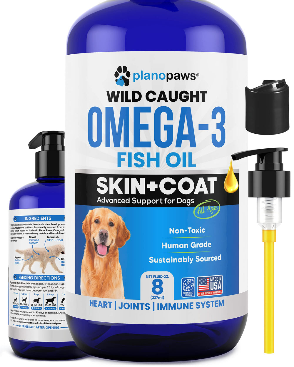 Plano Paws omega-3 dog oil bottle promotes shinier coat and healthier skin.