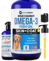 Plano Paws omega-3 dog oil bottle promotes shinier coat and healthier skin.