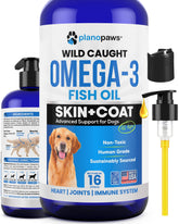 Planopaws Omega 3 for Dogs bottle pouring onto food for easy daily dosing