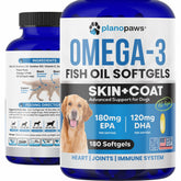 Planopaws Omega-3 softgel bottle for dogs, easy daily supplement.