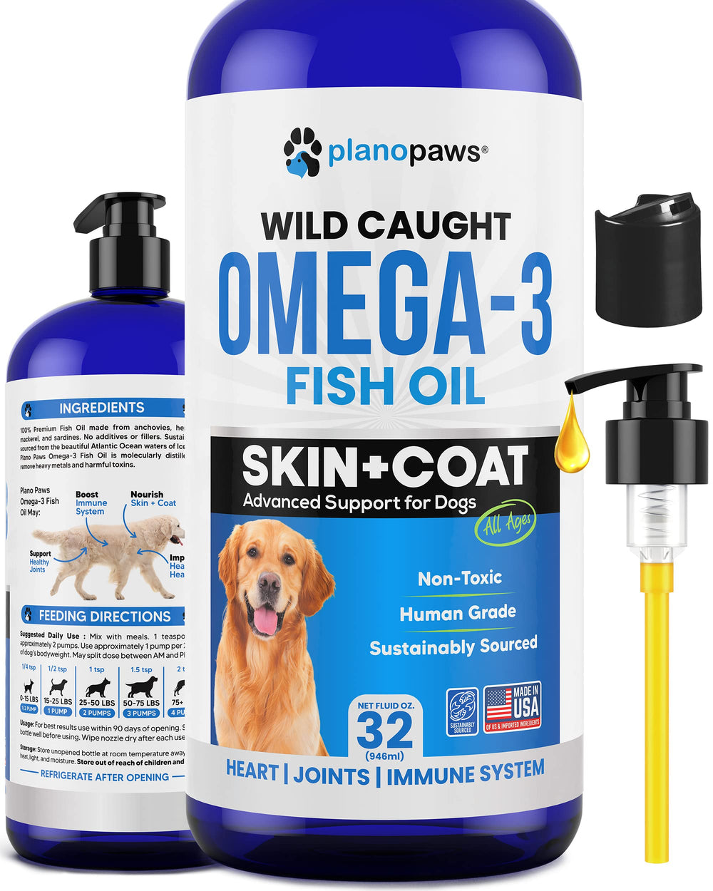 Planopaws Omega 3 bottle highlights pure fish oil formula for healthy coat and skin