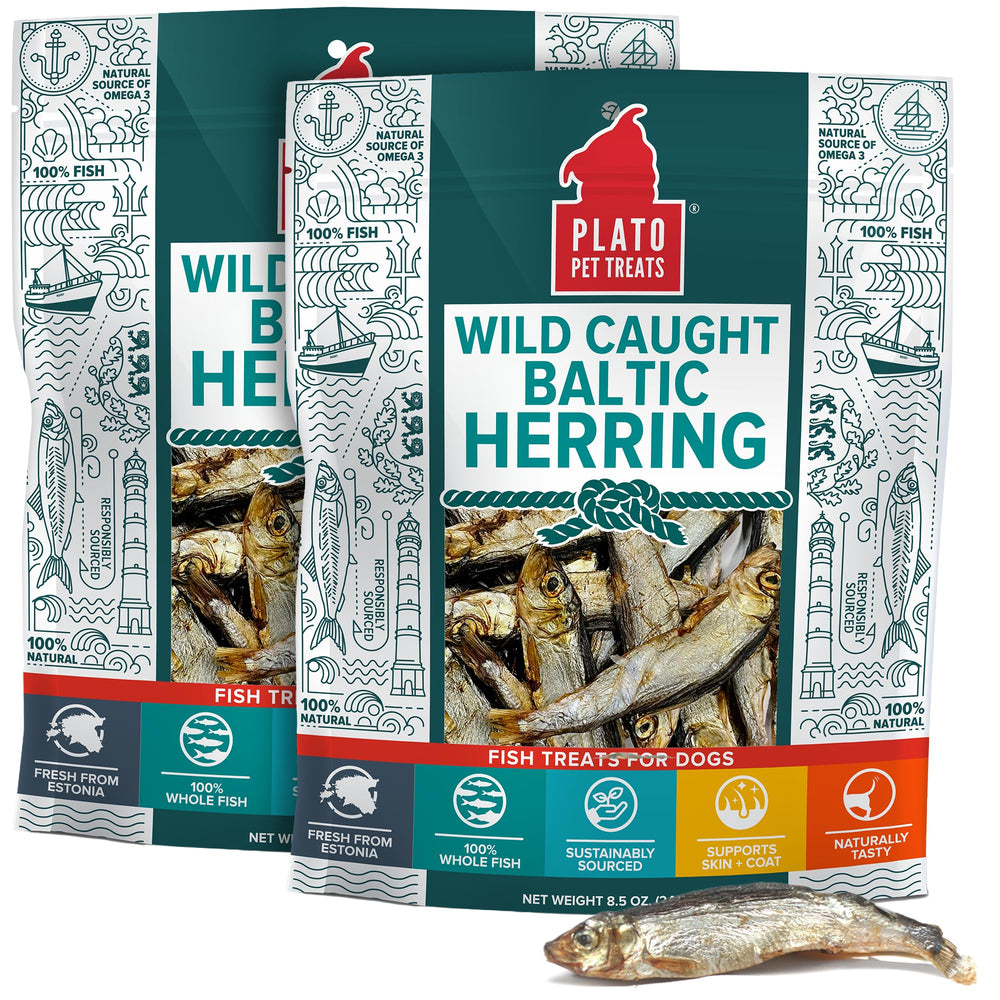PLATO fish dog treats air-dried Baltic Herring pack shows natural omega-3 for a healthy coat.