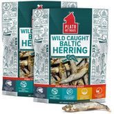 PLATO fish dog treats air-dried Baltic Herring pack shows natural omega-3 for a healthy coat.