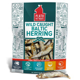 PLATO fish treats air-dried packaging highlighting sustainability and single-ingredient sourcing.