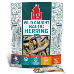 PLATO fish treats air-dried packaging highlighting sustainability and single-ingredient sourcing.