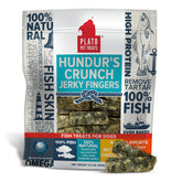 PLATO Hundur's Crunch Jerky Fingers pack view; natural cod skin treat with omega fatty acids.