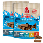 PLATO Real Strips Salmon packaging highlights grain-free, limited-ingredient dog treats.