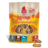 PLATO Real Strips Turkey & Pumpkin bars show real turkey as the first ingredient for dogs.
