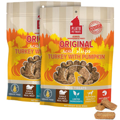 PLATO Real Strips packaging showcases grain-free dog treats for convenient rewards.