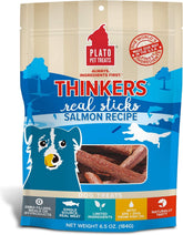 PLATO Thinkers Salmon Treats packaging shows a premium USA-made bag.