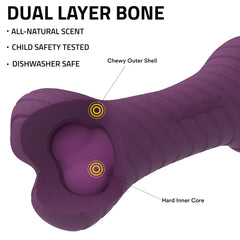 Playology bacon-scented bone toy in purple, ideal for indoor-outdoor play.