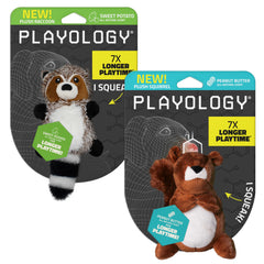 Playology plush raccoon and squirrel two-pack for dogs, ideal for gentle play and cozy snuggles.