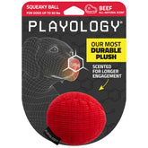 Playology beef-scented squeaky ball for dogs up to 50 lbs; boosts engagement and play.