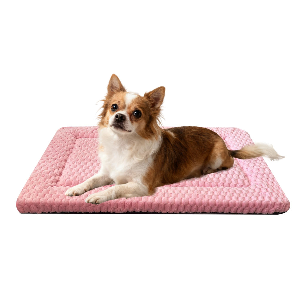 Pobopobo dog bed crate mat with reversible plush and canvas for all-season comfort.