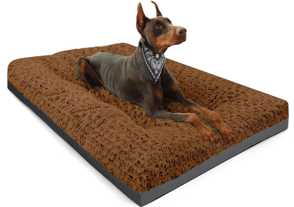 POCBLUE dog bed with rose velvet cover offers plush comfort for crate lounging.
