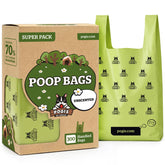 Pogi's box-dispensing unscented poop bags with handles for easy grab on walks.