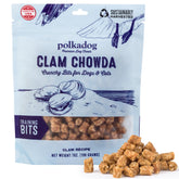 Polkadog Clam Chowda Crunchy Training Bits bag front showcasing omega-3 power for healthy skin.