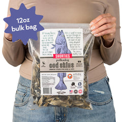 Close up of cod skins texture highlighting crunchy, protein-rich dog treats.