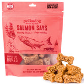 Polkadog Salmon Says bone-shaped treat close-up highlighting crunchy texture for rewards.