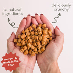 Polkadog Salmon Says Crunchy Training Bits in hand demonstrates portable dog treats