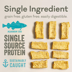 Polkadog single-ingredient cod chips, simple nutrition for sensitive pups.