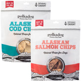Polkadog wild-caught salmon chips for dogs, crunchy texture ideal for rewards.