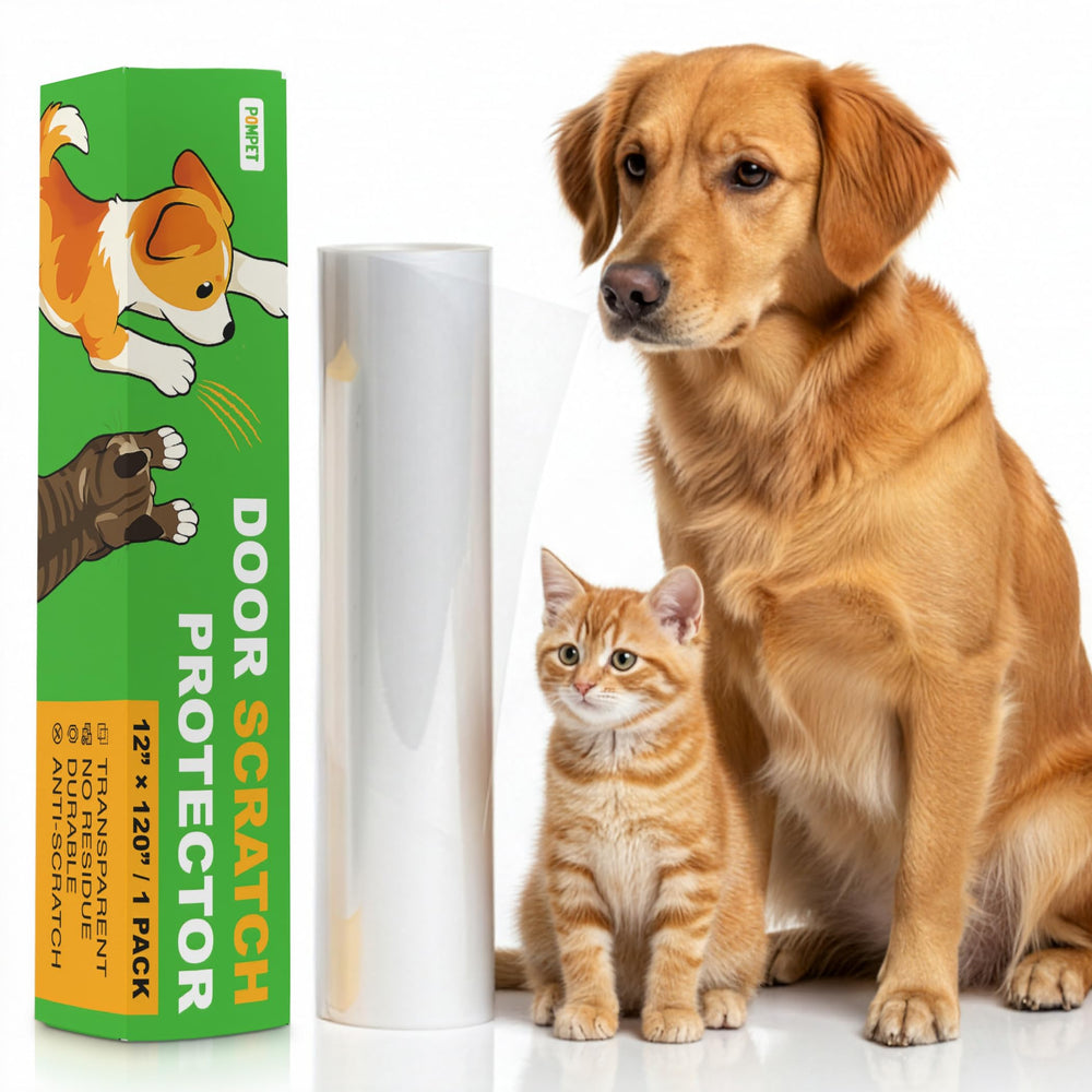 POMPET door protector guards doors from dog scratches with a clear, residue-free film.