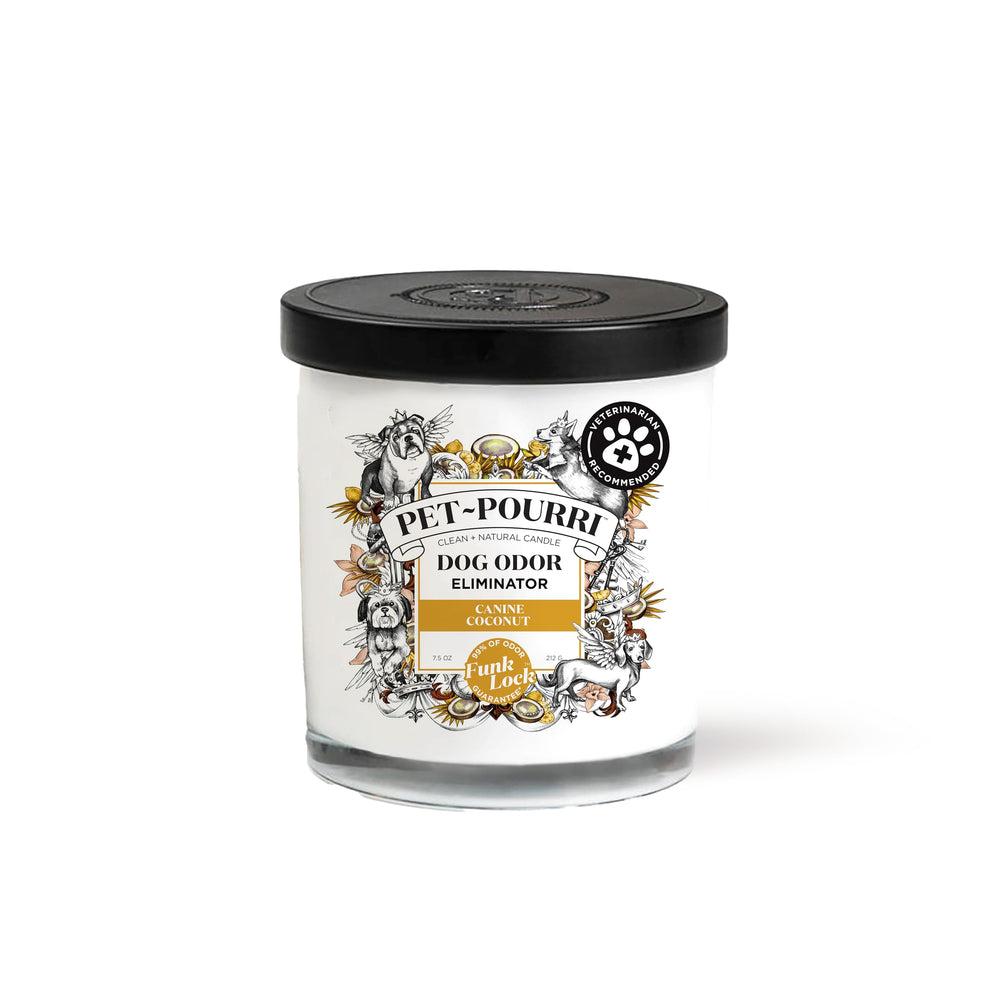 Poo-Pourri Pet-Pourri Canine Coconut Candle front label shows plant-based wax for pet-friendly homes