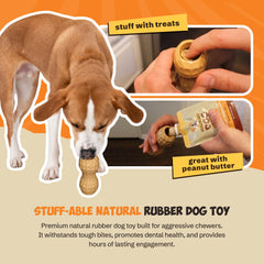 Poochie Butter solid natural rubber toy withstands heavy bites for durable play