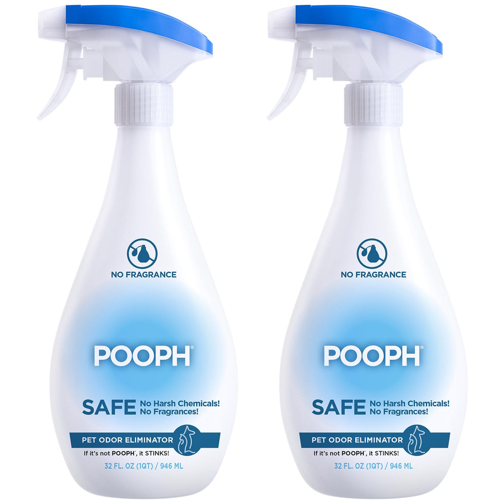 POOPH pet odor eliminator spray, 32oz two-pack, reduces odors on carpets and furniture.