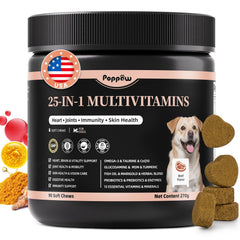 POPPAW 25-in-1 bottle closeup highlighting a convenient daily chew for all dogs