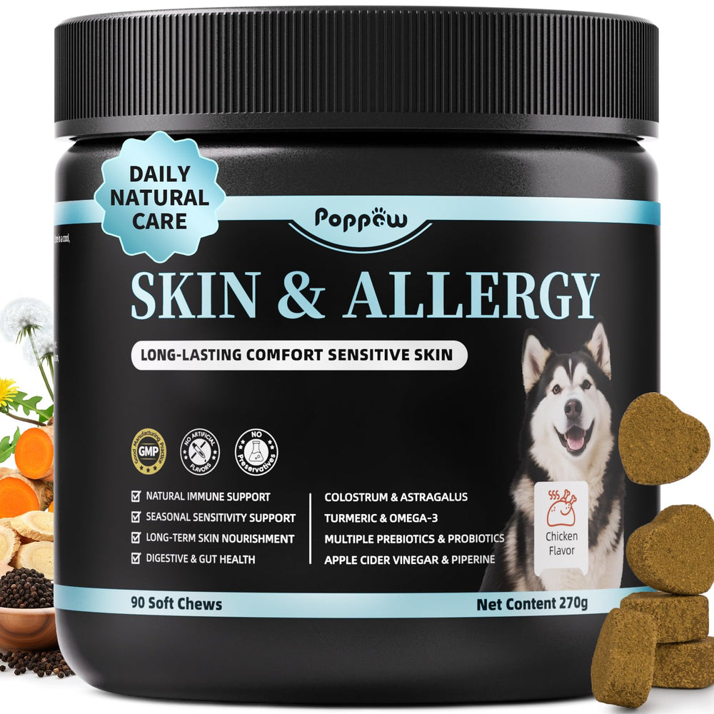 POPPAW dog skin and allergy chews bottle with label signaling immune support for seasonal sensitivities
