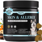 POPPAW dog skin and allergy chews bottle with label signaling immune support for seasonal sensitivities