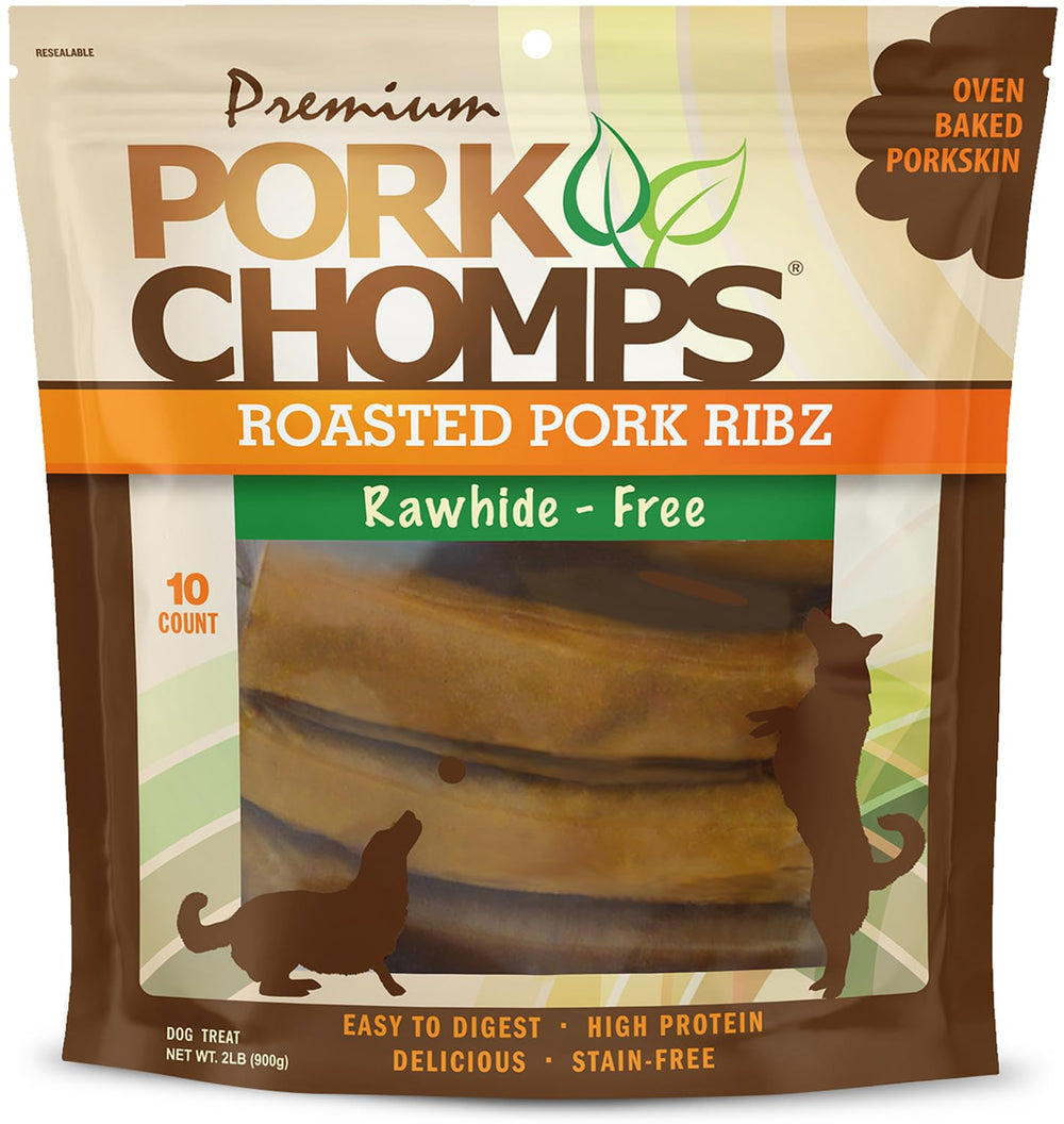 Pork Chomps 6inch rib-shape roasted pork skin chews; long-lasting rewards for dogs.