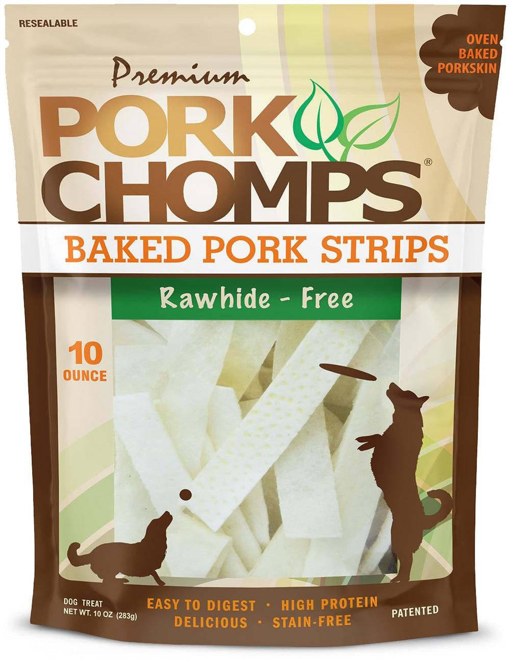 Pork Chomps baked pork skin 4-inch strips for a long-lasting chew.