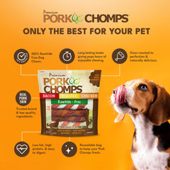 Pork Chomps bacon flavor twists, savory treat for dogs.