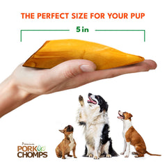 Dogs enjoy Pork Chomps ear-shaped chews, suitable for all sizes.