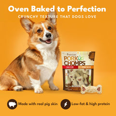Pork Chomps chicken-flavor four-inch crunchy bone for long-lasting chew.