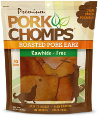 Pork Chomps roasted pig ear shapes; long-lasting, tasty dog chew.