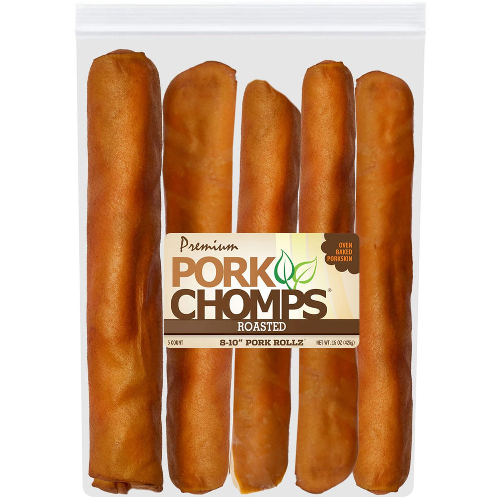 Pork Chomps Roasted Pork Skin Roll packaged in a resealable bag for freshness.
