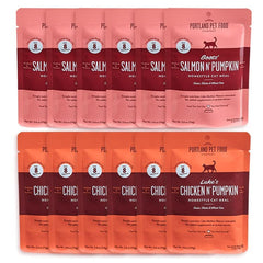 Portland Pet Food Company cat food variety pack front view with convenient 2.6-ounce pouches