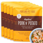 Portland Pet Food Hopkin's Pork N’ Potato pouch closeup shows human-grade ingredients and grain-free nutrition.
